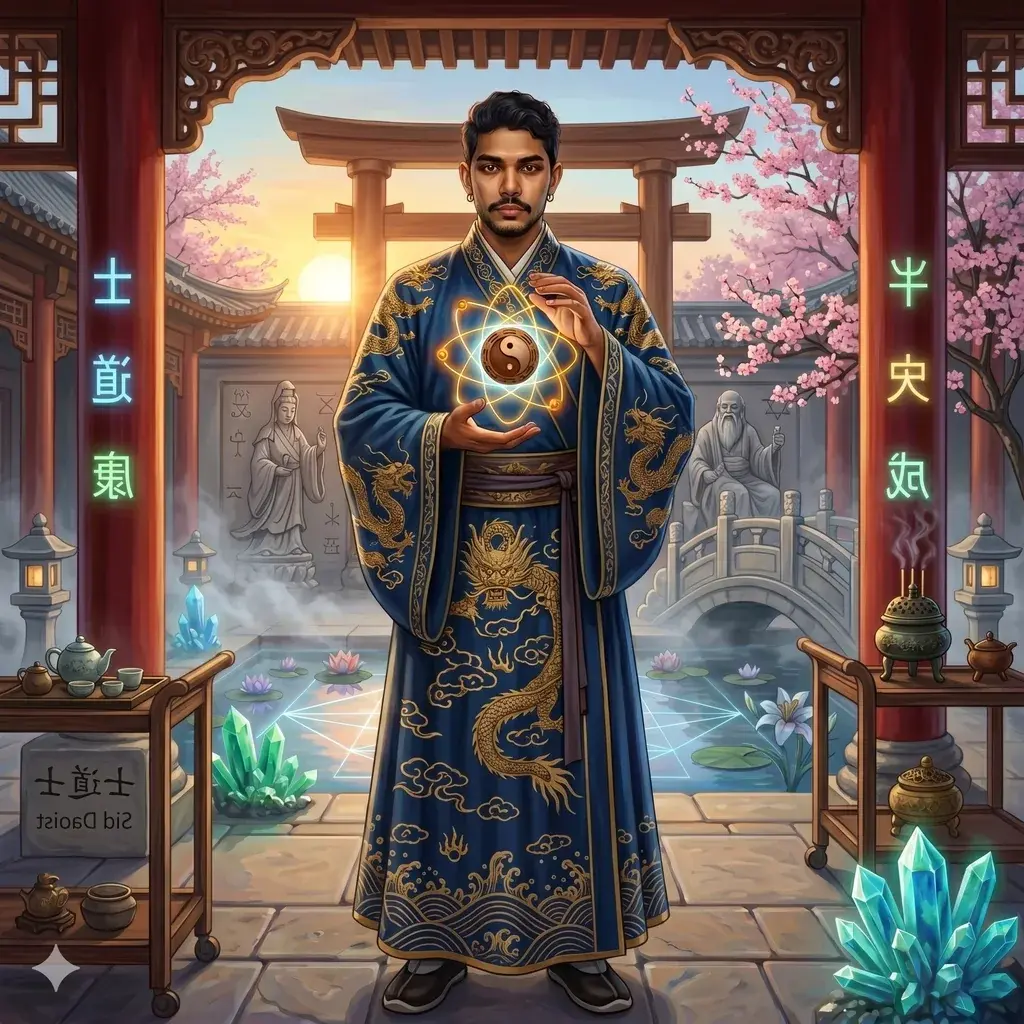 Sid rendered as a Daoist sage beneath dawn light